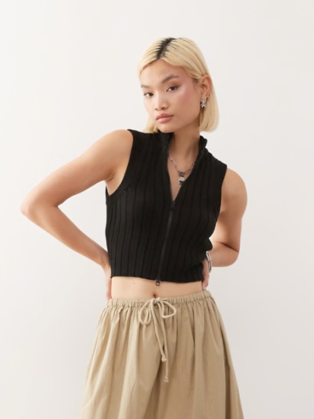 Noisy May high neck zip up knit tank top in black
